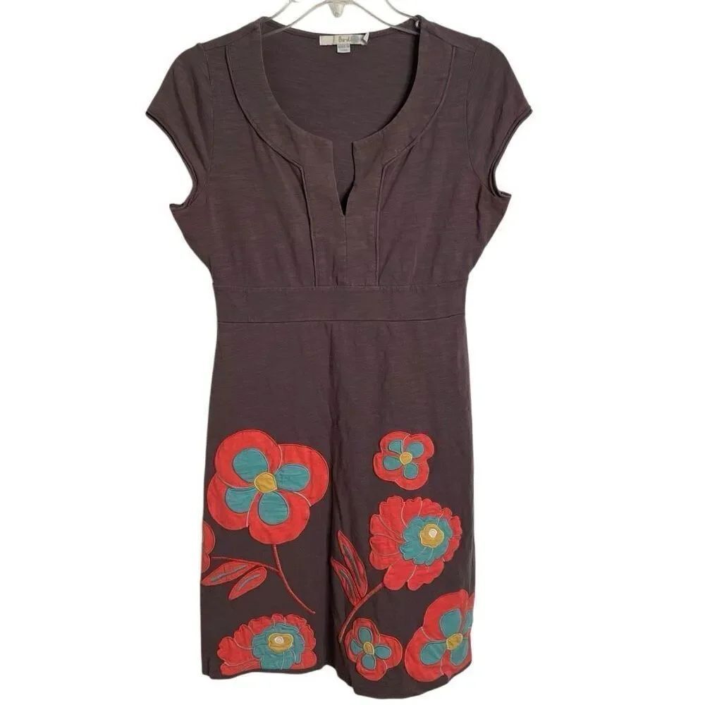 Boden Womens Purple Jersey Knit Dress 4P Cap Sleeve Floral Appliqué Playful